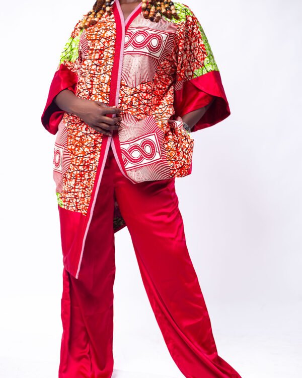 Vibrant kimono made from Ankara with rich Aso Oke accents, with matching pants