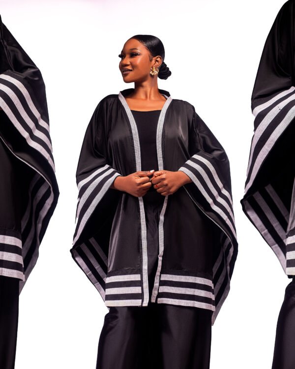 Black kimono made from silk  fabric with rich kente accents, with matching pants