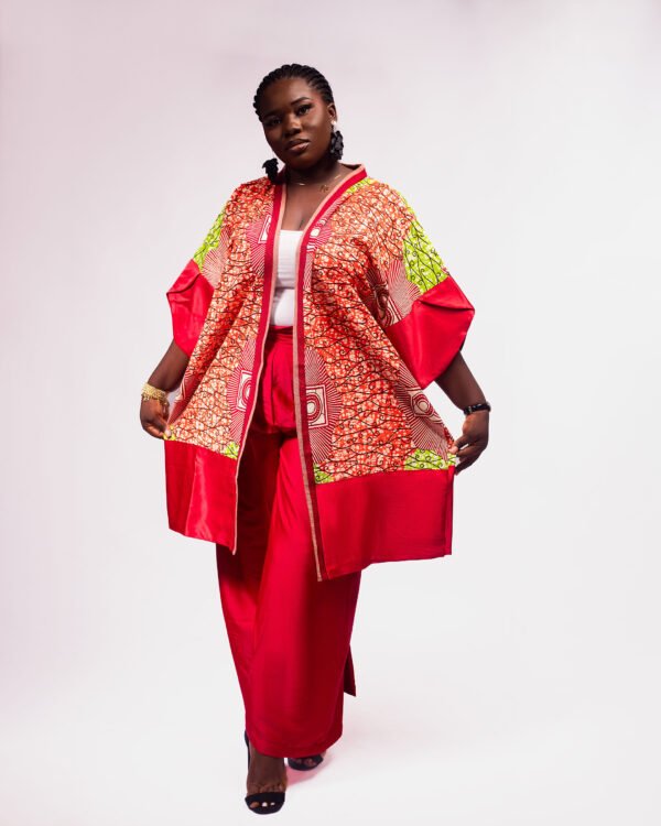 vibrant kimono made from our beautiful African Prints fabric with rich kente accents, with matching pants